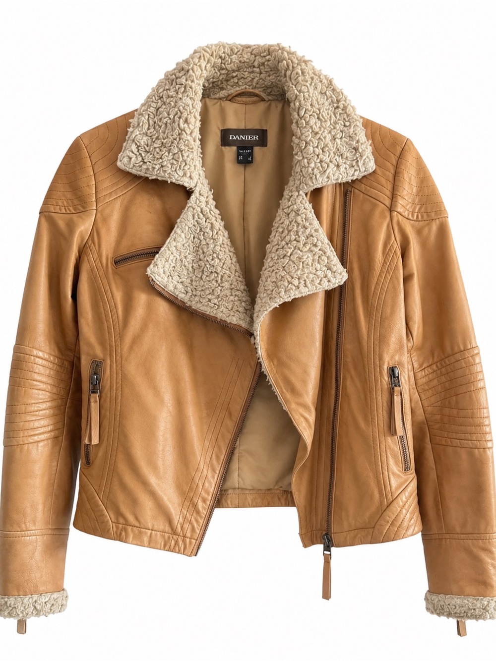 Danier Tan Leather Jacket with Shearling Collar